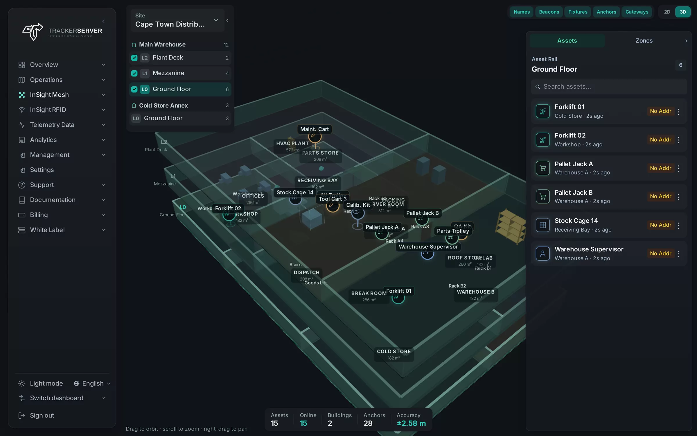 A building in 3D with tracked assets on each floor